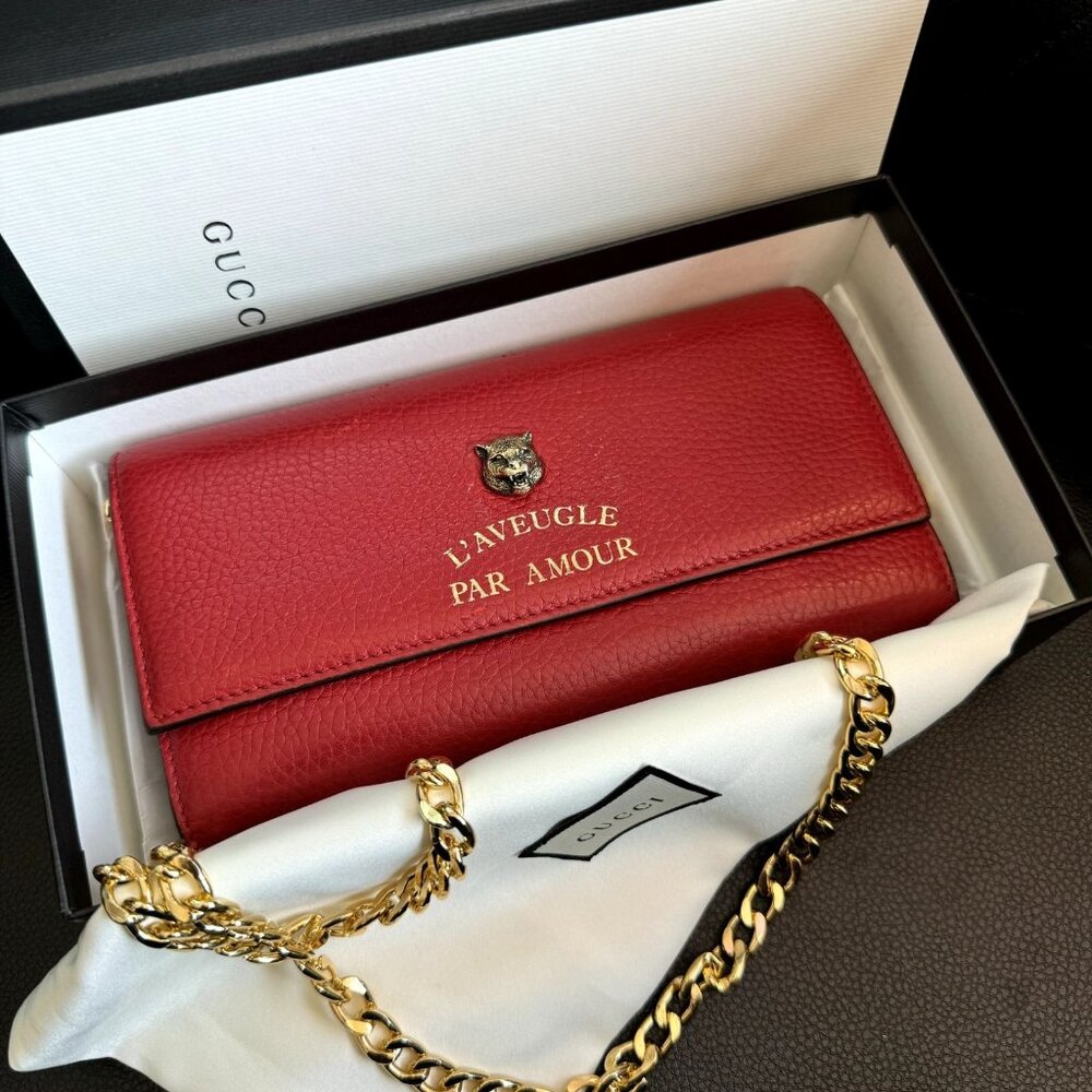 GUCCI Animalier Tiger Red Continental Long Wallet w/ Box & Chain (MSRP $1000+)